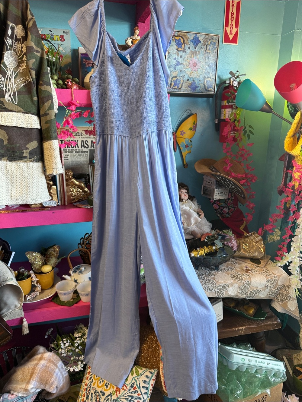 Japna Light Blue Smocked Bodice Wide-Leg Jumpsuit